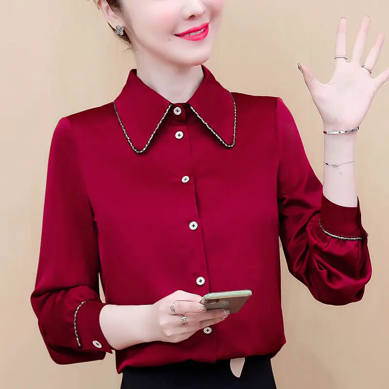 

Blouse 2023 Spring Doll Collar Shirt Female Long -sleeved Retro Foreign Solid Casual Commute And Leisure Career Thin Shirt