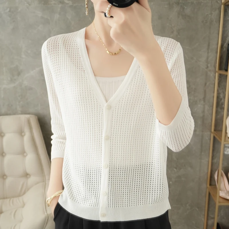 

Summer New Sunscreen Women's Cardigan Thin Short V-Neck Loose And Simple Ice Silk Cropped Sleeve Casual Air Conditioning Shirt