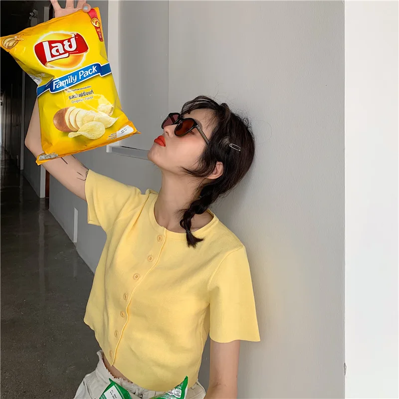 Women Slim Short Sleeve Knitted Cropped Sweater Top