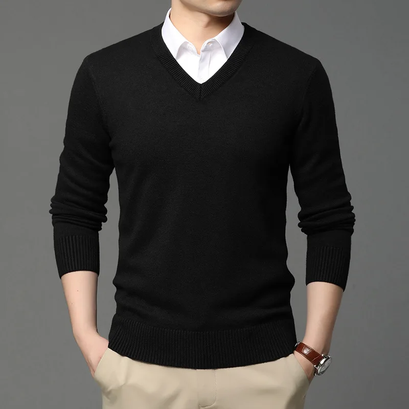 2023 High Quality New Fashion Brand Woolen Knit Pullover V Neck Sweater Black For Men Casual Jumper Autum Winter Men Clothes 4XL