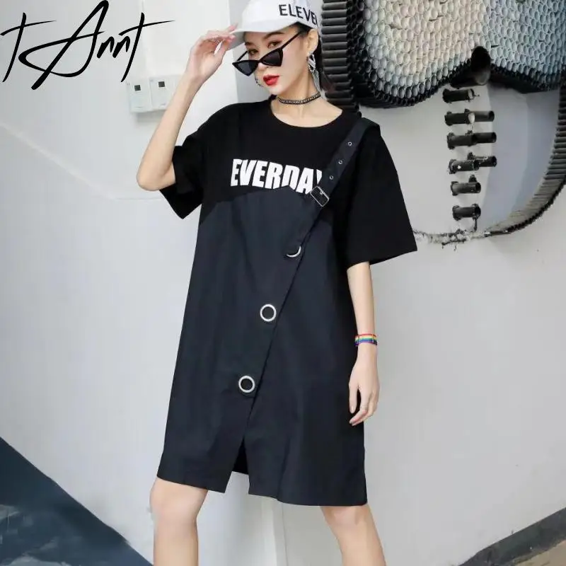 

Tannt Women Dress Asymmetry Patchwork Letters T-shirt Dresses Irregular Short Sleeves Loose Leisure Long Dresses 2024 New