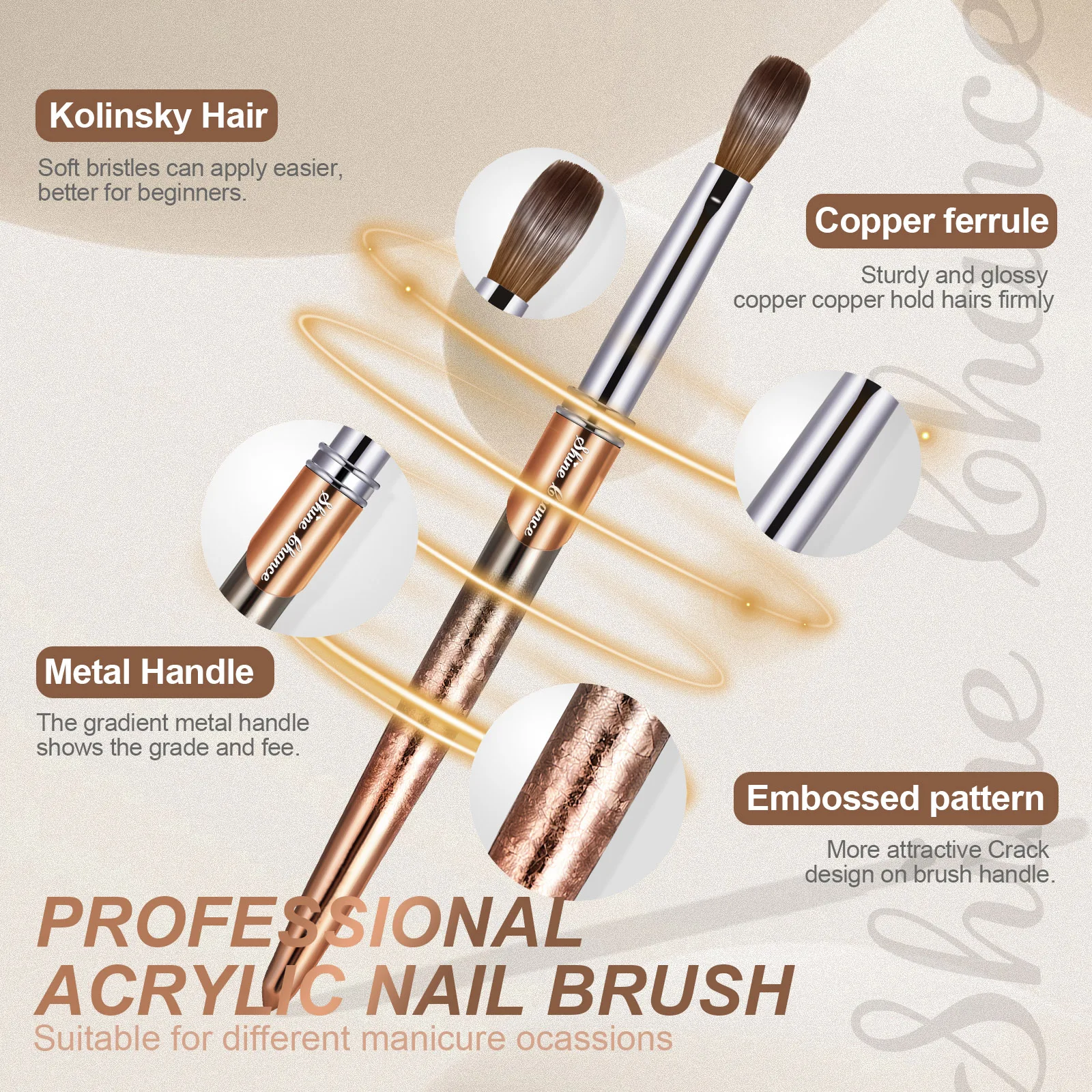 100% Pure Kolinsky Nail Brush Silver UV Gel Polish Nail Art Extension Builder Manicure Nail Pen Painting Drawing Brushes 5