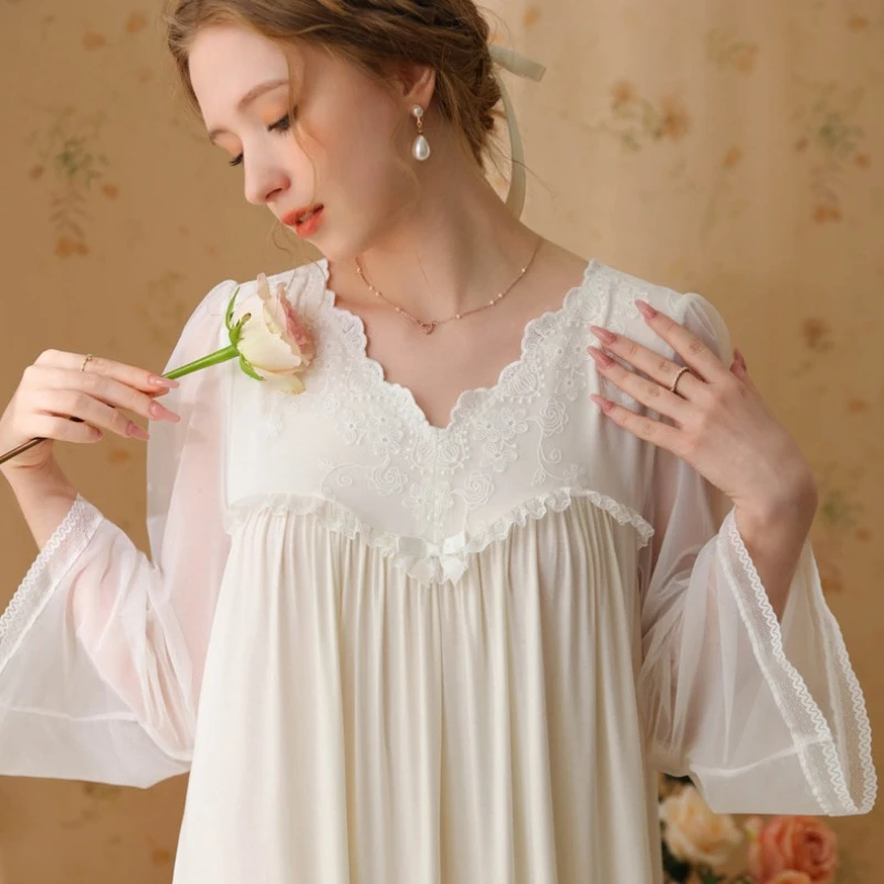 Sexy Mesh Nightdress Princess Sweet Lace Full Sleeve Night Dress Fairy V  Neck Long Nightgown Autumn Cute Solid Color Sleepwear - AliExpress