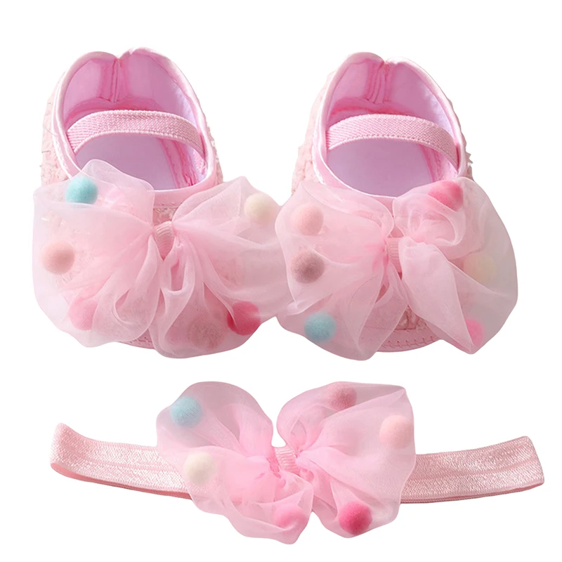 Baby Girls Mary Jane Flats with Bowknot Headband Infant Floral Bow First Walker Crib Shoes Princess Wedding Dress Shoes