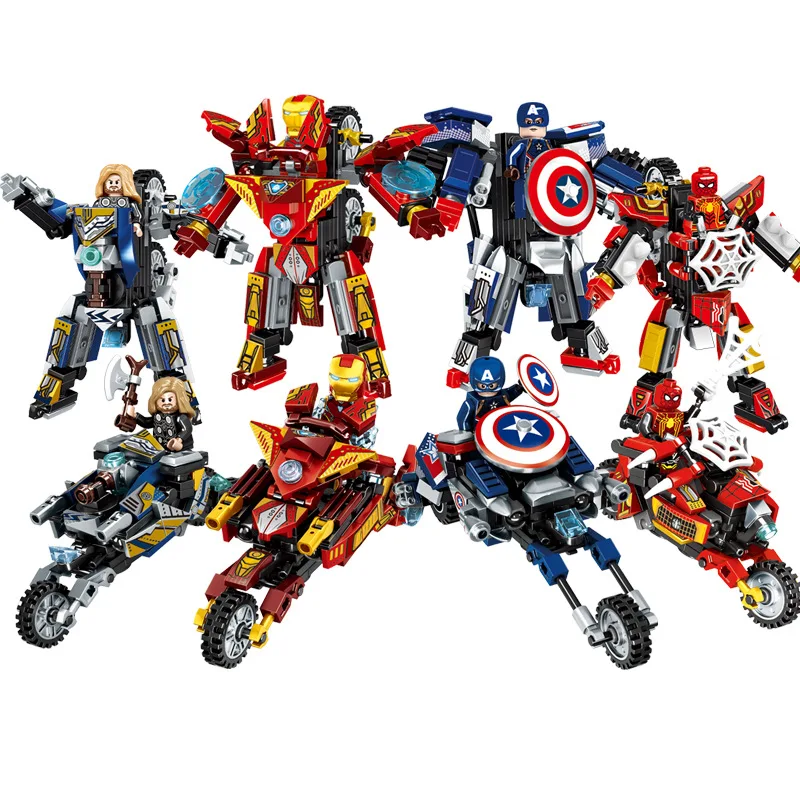 NEW Marvel Superhero Transforming Mecha Motorcycle 2 in 1 Building Blocks Sets Movie Avengers Model Bricks Kit Kids Toys Gift battle of geonosis battleship core ship movie collection building blocks star plan wars spaceship model bricks diy kid toys gift