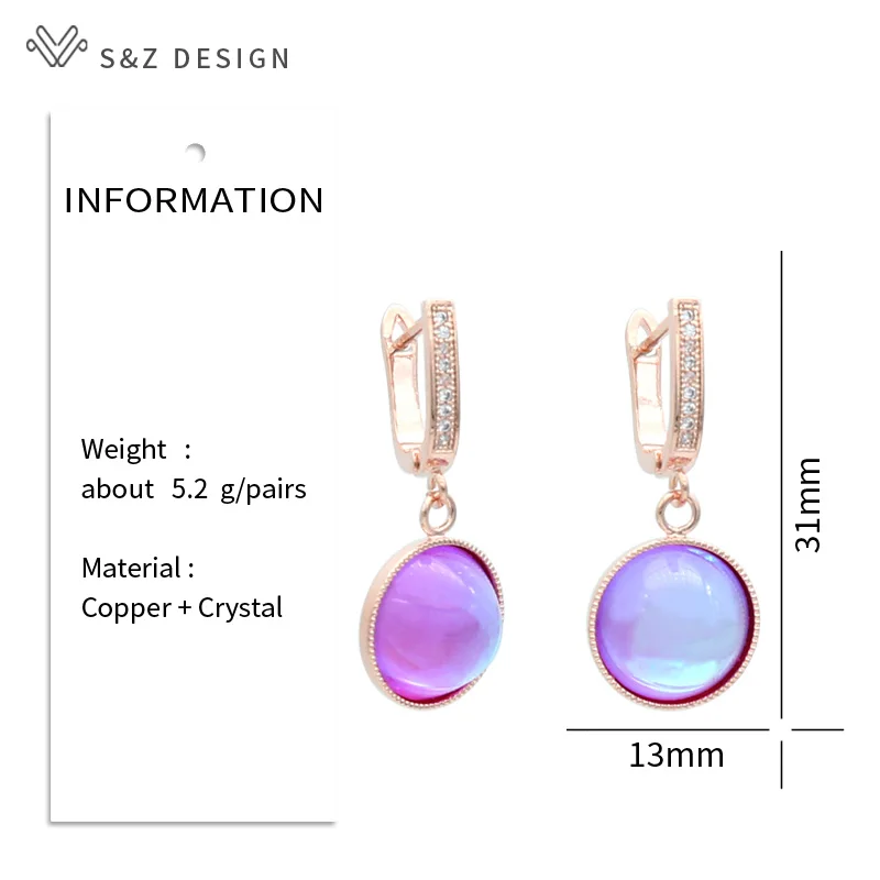 S&Z DESIGN New Fashion Luxury Colorful Round Crystal Dangle Earrings For Women 585 Rose Gold Color Wedding Jewelry Party Gift