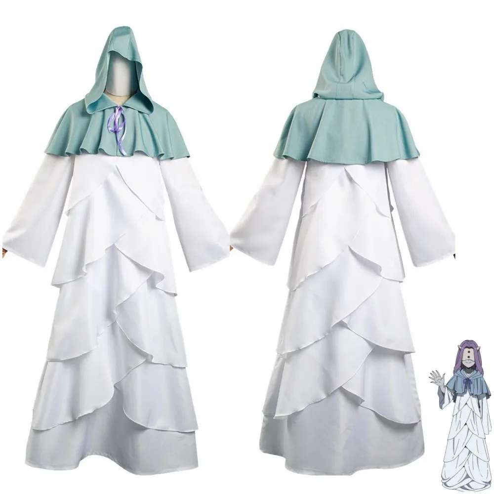

Anime The Promised Neverland Mujika Cosplay Costume Evil Blood Girl White Robe Dress Hooded Scarf Man Woman Halloween Suit