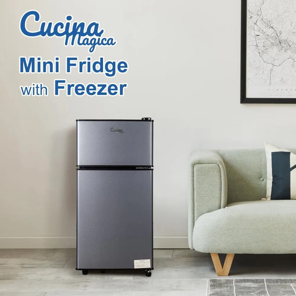 Mini Fridge with Freezer, 3.2 cuft Small Refrigerator, 7 Adjustable Thermostat, Energy Saving, Double Door Compact Refrigerator