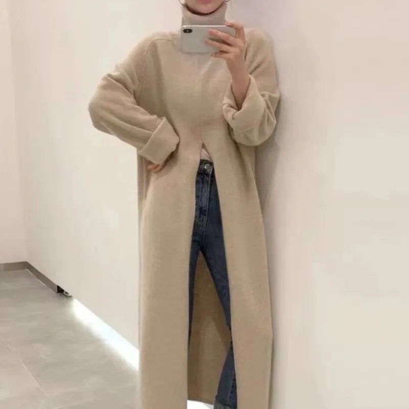 

Knitted Autumn Pullover Turtleneck Long Sweater Dress Women Split Korean Loose Ladies Casual Modis Woman Sweaters Dresses 2023