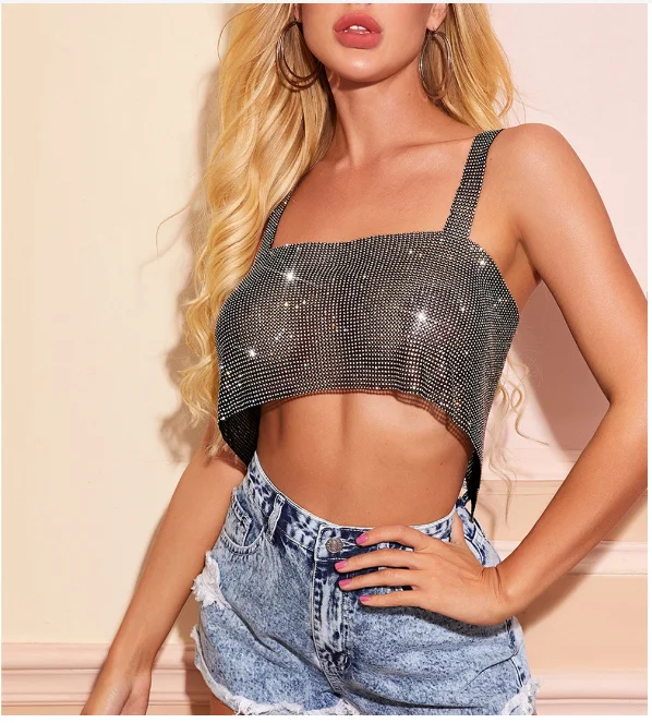 

Summer New Style Sexy Women Nightclub Party Sparkly Crystal Rhinestone Metal Chainmail Halter Draped Bra Crop Top Strap Tube Top