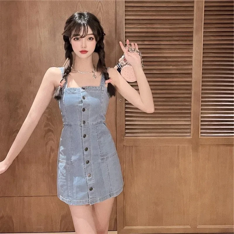 

Women's Spaghetti Strap Denim Dresses 2024 Summer New Korean Sleeveless Fit Backless Short Dress For Women Vestidos Para Mujer
