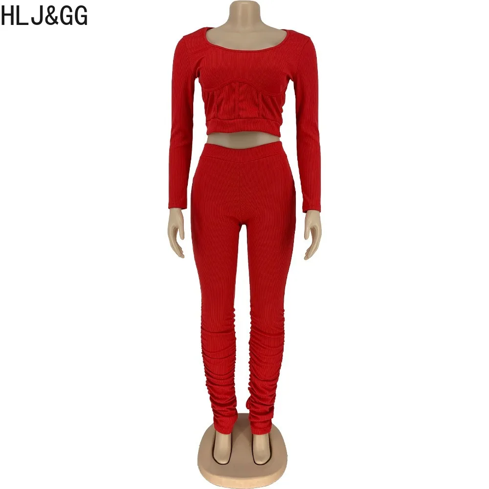 HLJ&GG Casual Ribber Solid Color Stacked Pants Two Piece Sets Women Round Neck Long Sleeve Top + Skinny Pants Outfits Tracksuits