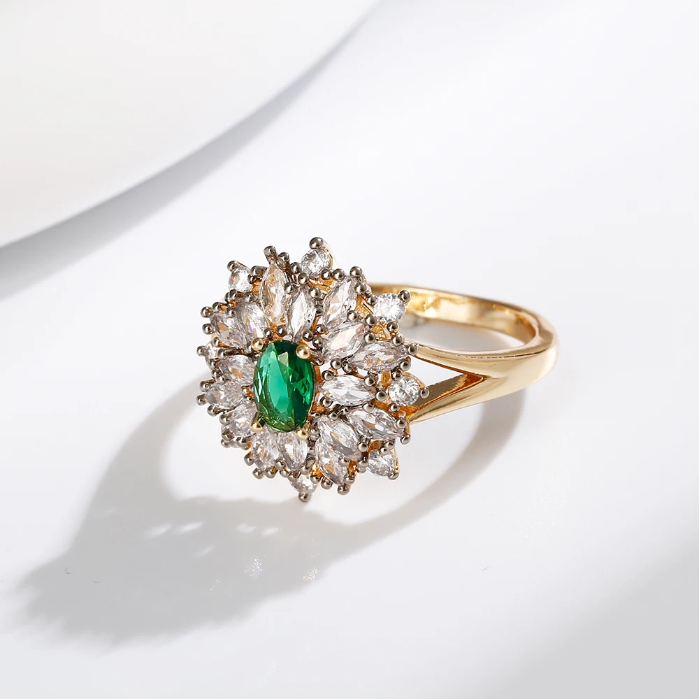 Blumendesign mit eingelegtem ovalem Zirkon, Ohrringe und Ring-Set, luxuriöser Modeschmuck, Schmuckset für Bankett- und Partys, dreiteiliges Set. – Detail 9