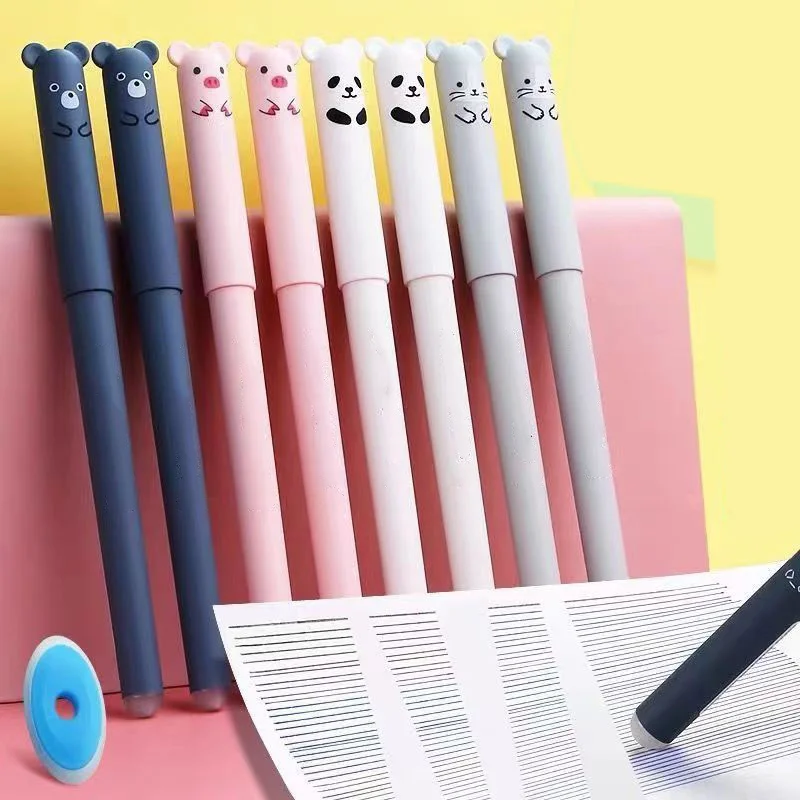 8Pcs/Set Kawaii Pig Bear Cat Erasable Gel Pen School Office Washable Handle School Office  Stationery Gift 0.35mm Blue Black Ink 2