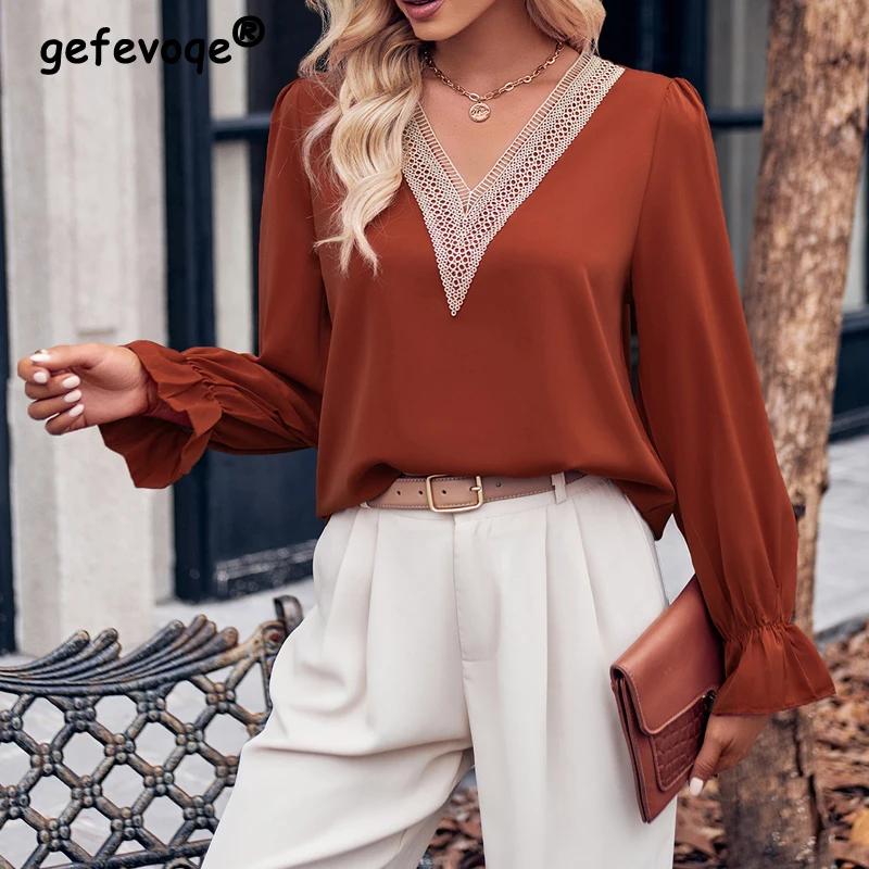 

Women's Clothing Autumn Fashion Hollow Lace Patchwork Blouse Office Lady Long Sleeve Elegant Shirt Loose Solid Chic Tops Blusas