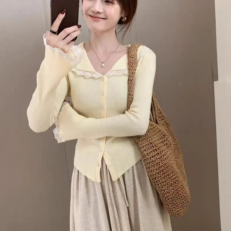 2025 Fall Women Long Sleeve Cardigan Knitted Top Autumn V-neck Sweet Korean Style Lace Sweater Elegant Casual Solid Knitwear