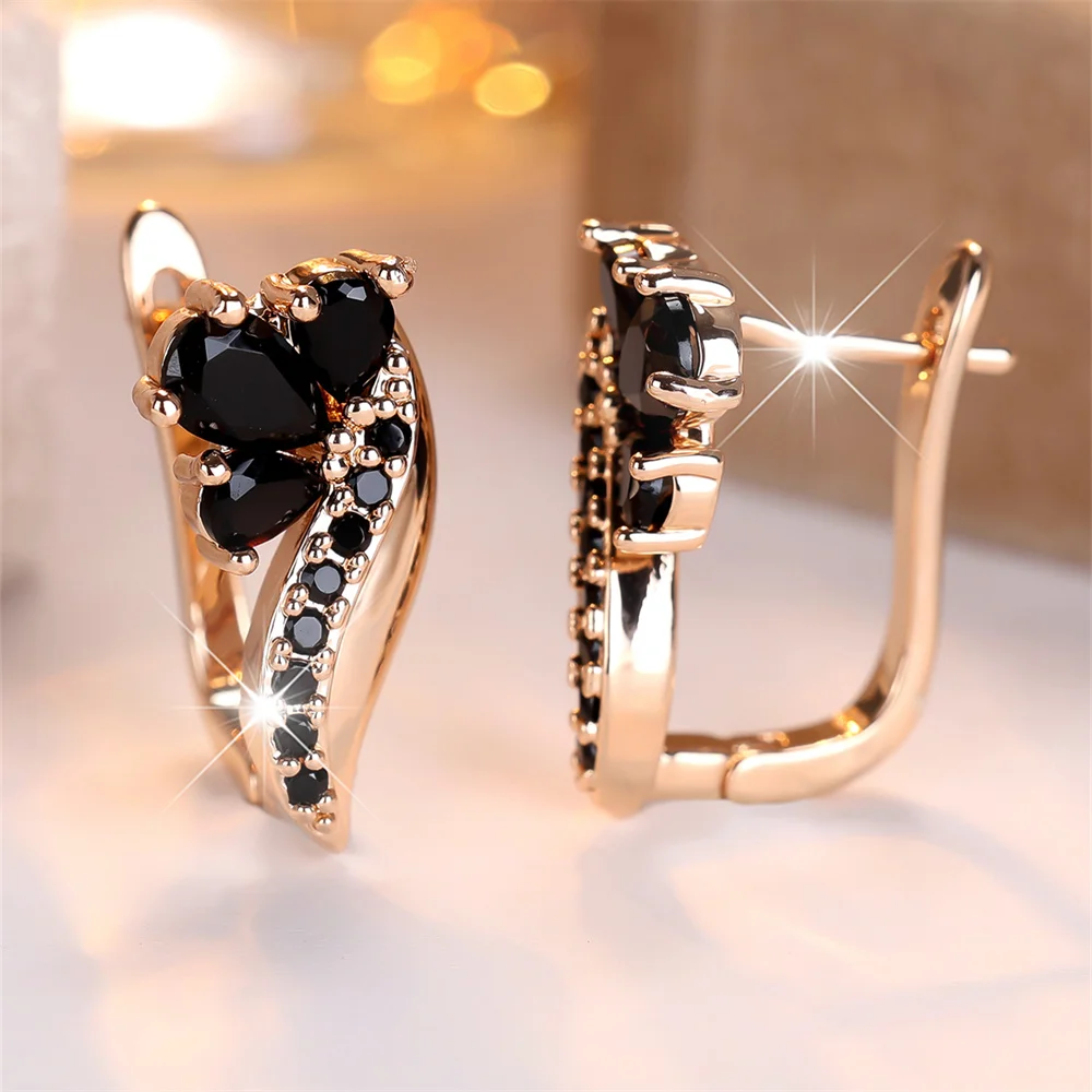 Antique Black Crystal Water Drop Stone Hoop Earrings For Women Vintage Gold Color Small Flower Ear Buckle Wedding Jewelry Gifts
