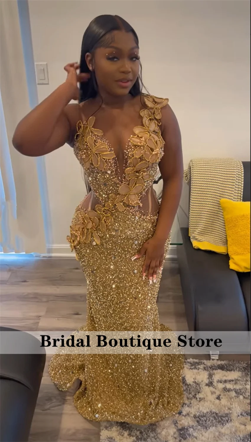Sparkly Gold Diamonds Long Prom Dress Beading Crystals Rhinestones Sequins Gown Birthday Party Wedding Reception Customized women prom dresses