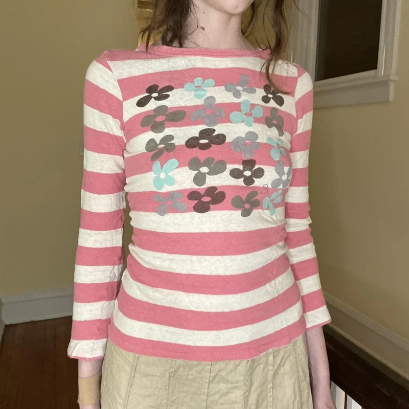 

Dourbesty Fairy Floral Striped Tops Retro Aesthetic Women Long Sleeve T Shirt Kawaii Graphic Cute Tee 2000s Grunge Clothes y2k