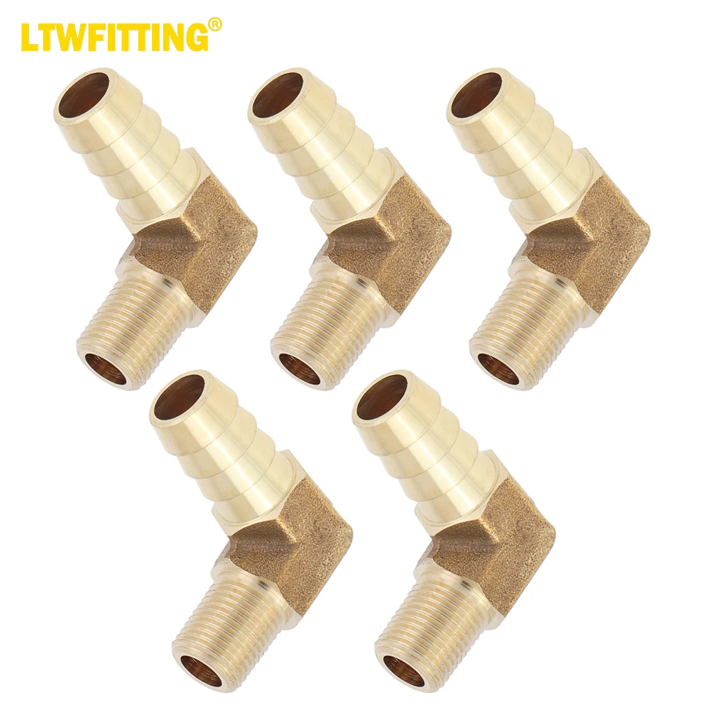 

LTWFITTING LF 90 Deg Elbow Brass Barb Fitting 3/8" Hose Barb x 1/8" Male NPT Thread Fuel Boat Water (Pack of 5)