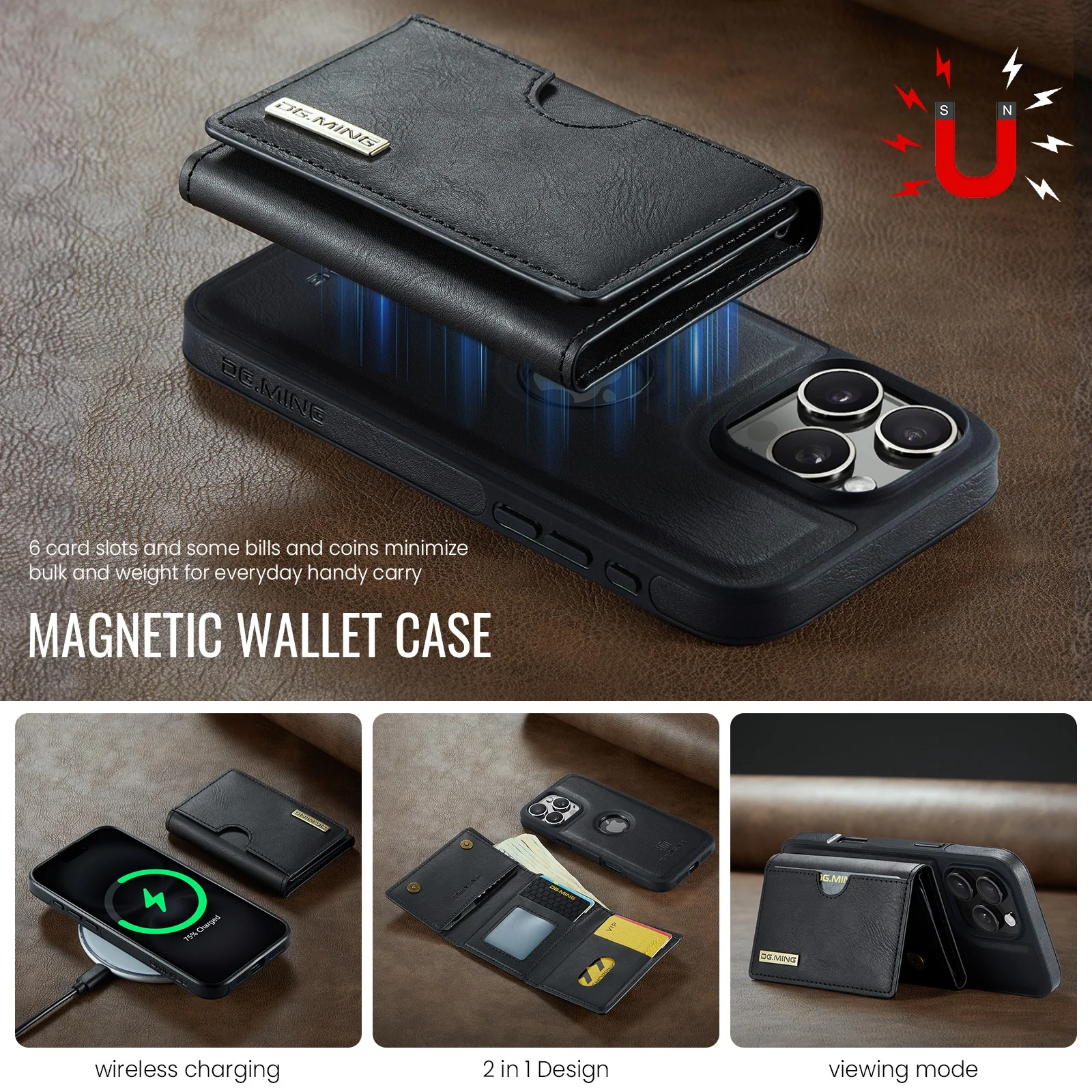 Magnetic Leather Detachable Wallet Phone Case with Wireless Charging and Card Slots