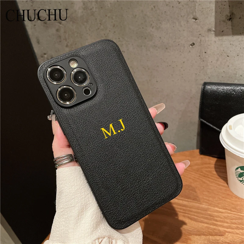thumbnail image 1 of Luxury Custom Name DIY Leather Soft Case For iPhone 15 Pro Max 14 Pro Max 11 12 13 X S XR 7 8 Plus SE3 Personalize Initial Cover, 1 of 5