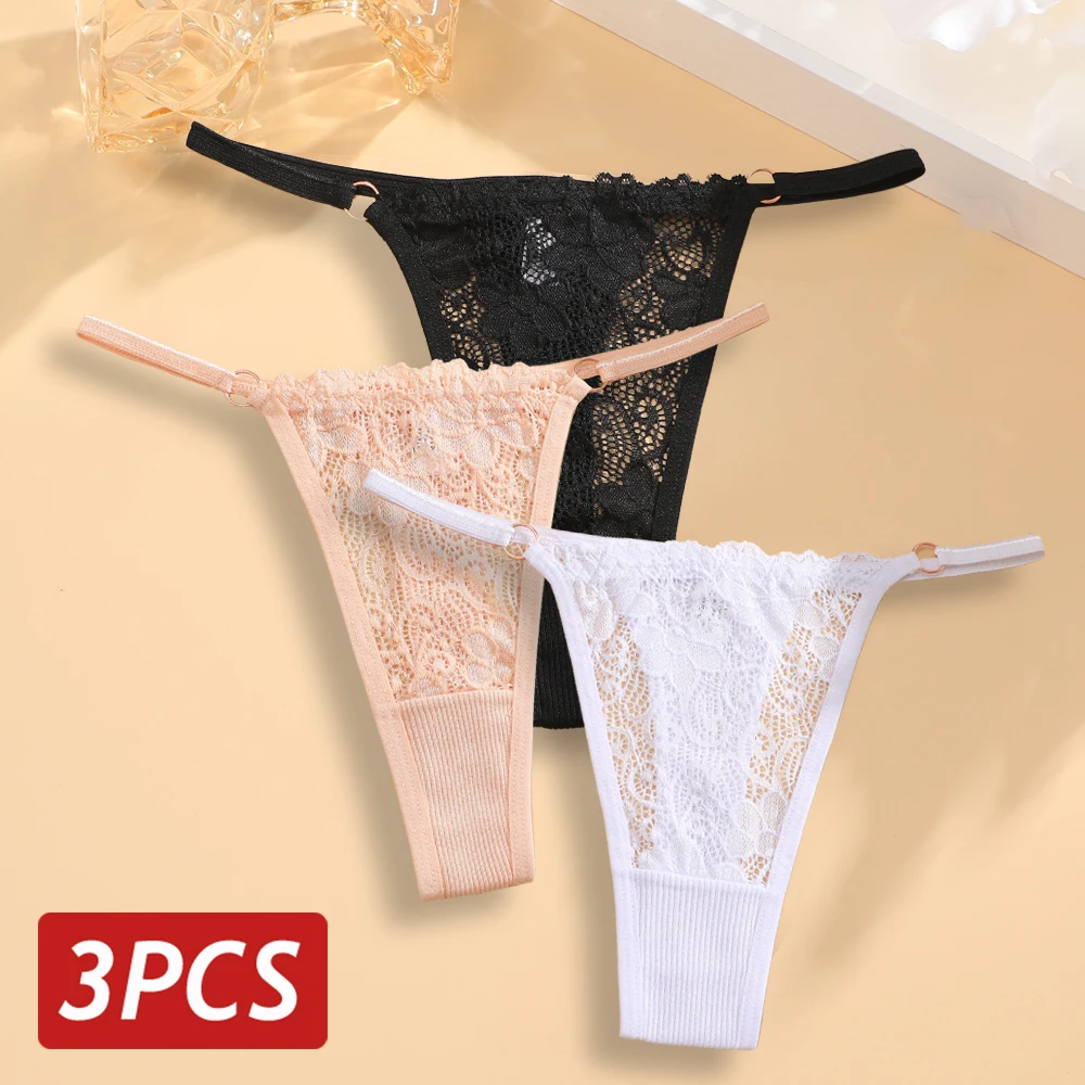 thumbnail image 1 of Tangas de encaje para mujer, 3 uds., bragas de algodón, ropa interior Sexy transparente de tiro bajo, lencería transpirable, anillo de Metal, Tanga con correa fina, 1 of 5