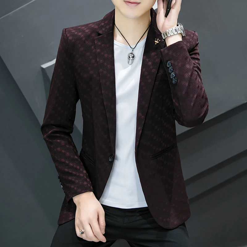 Men's Boutique Fashion Wave Dot Leisure Business Suit Jacket Blazer Groom Wedding Dress Party Performance Host Coat