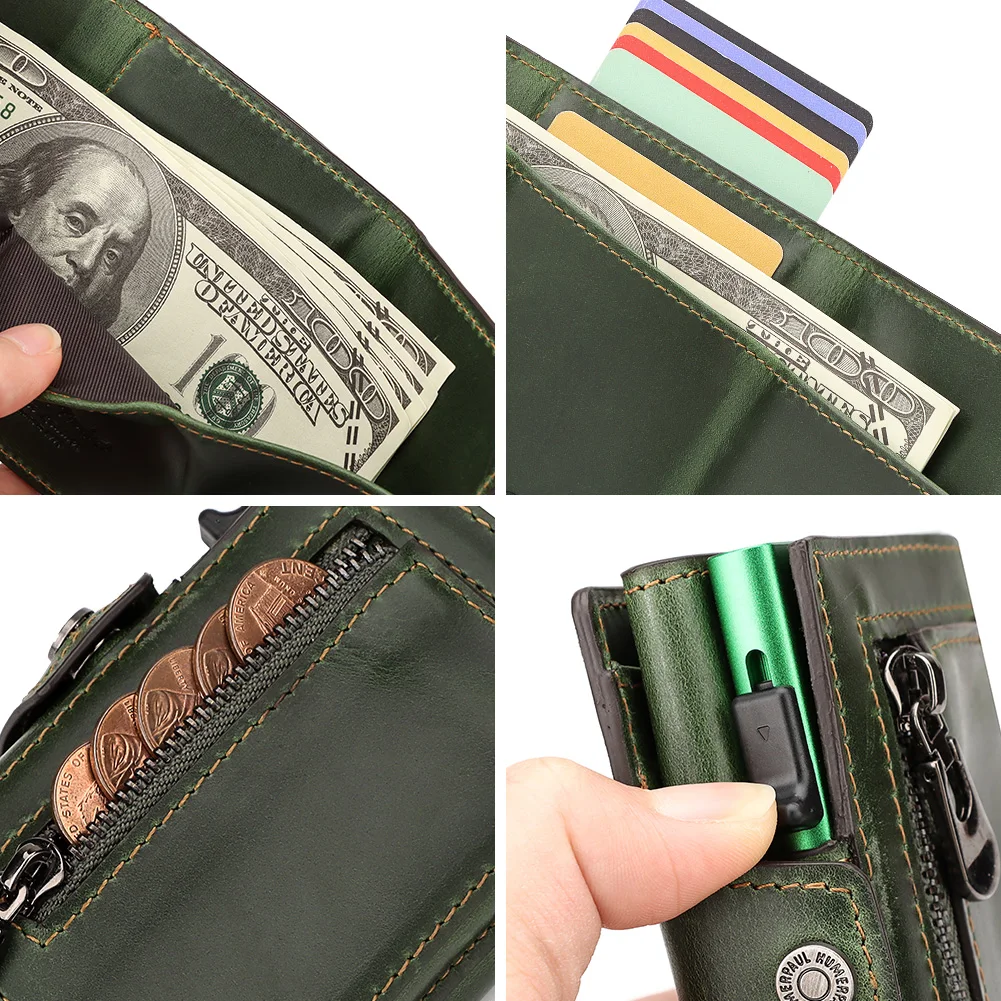 New RFID Blocking Card Holder Cowhide Leather Men Wallet Aluminum Antimagnetic Card Purse for Women with Anti-lost AirTag
