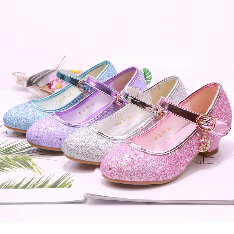 Mudipanda Girl High Heels Pink Sandals Children's Purple Blue Princess Shoes Sequin Students Dance Shoes Size 27-37 Kids Sandal