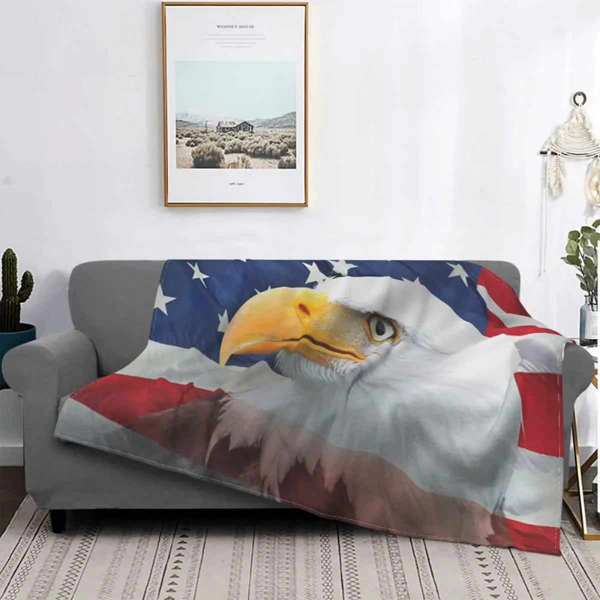 

3D Printed US Bald Eagle Decorative Flag Blankets Breathable Soft Flannel Summer USA Freedom Throw Blanket for Couch Car Bedding