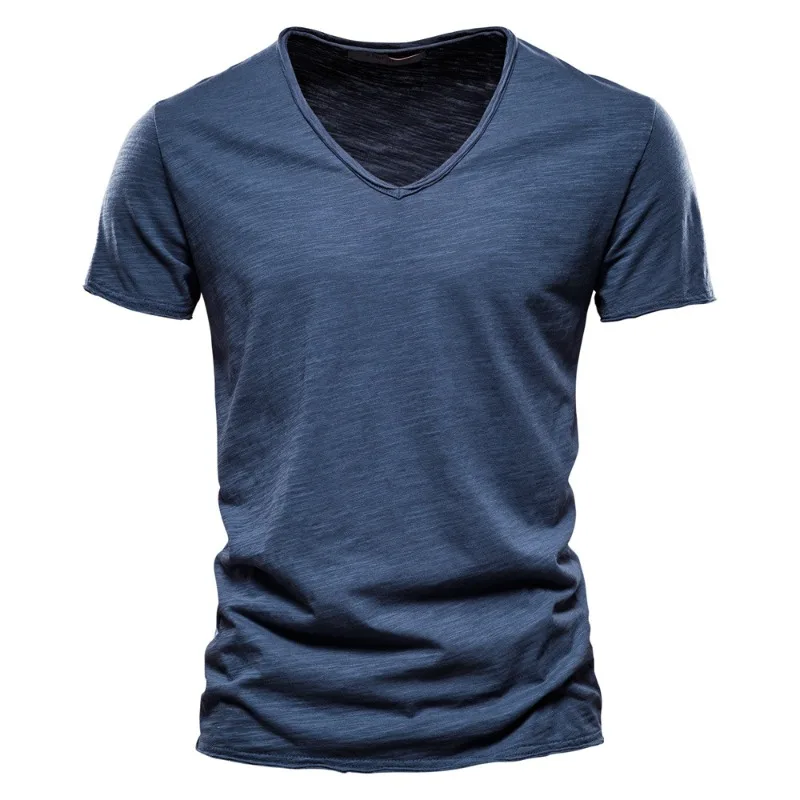 

V-neck Short Sleeve T-shirt Summer Men's New Solid Color Bamboo Slub Cotton Pure Cotton European and American Men's Wear
