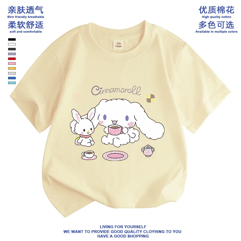 

Новинка, летняя футболка Sanrio для девочек, топ с коротким рукавом и круглым вырезом из чистого хлопка, Повседневная милая детская одежда с мультипликационным рисунком, подарок