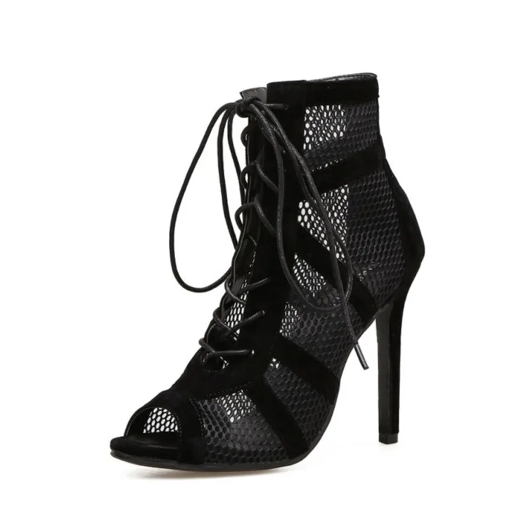 New Fashion Show Black Net Fabric Cross Strap Sexy High Heel Woman Shoes Pumps Lace-up Peep Toe Sandals Casual Mesh_voghion.com