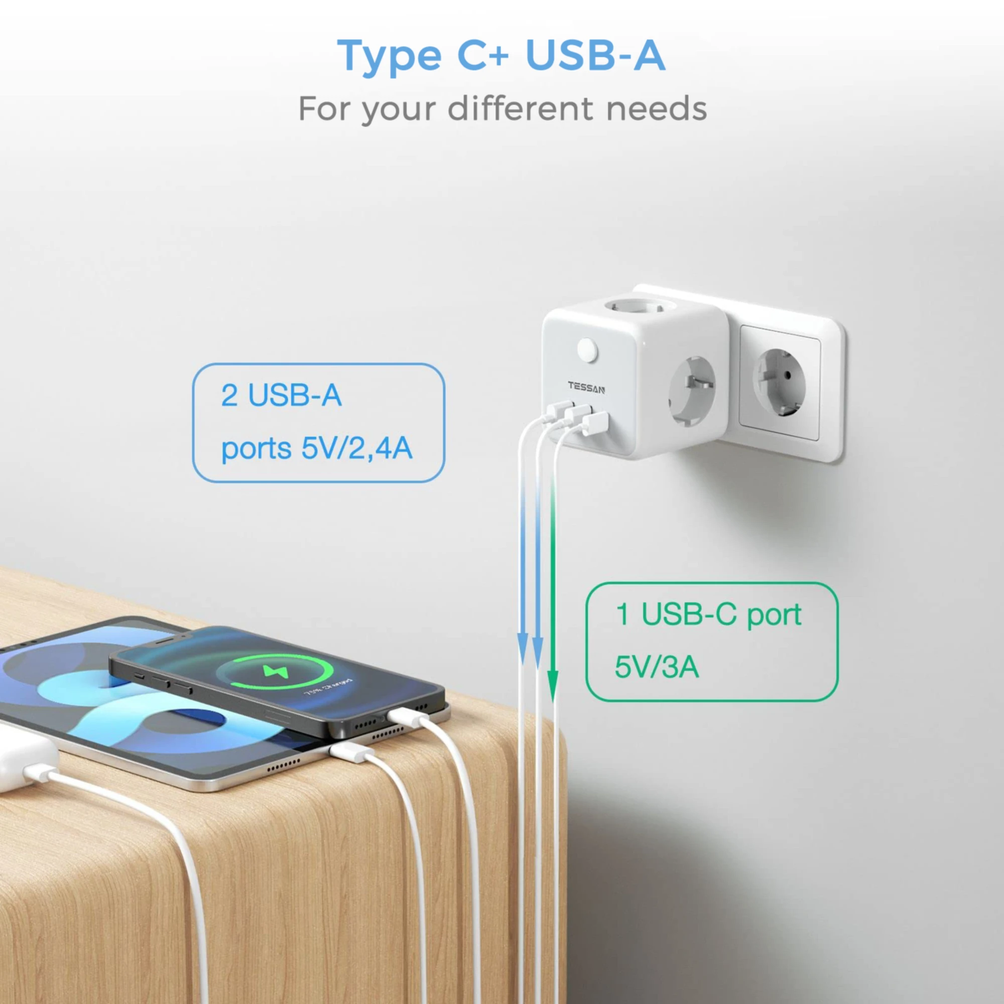 Multiprise Murale Electrique Secteur - Z363 - 6 en 1 - 3 Prises et 3