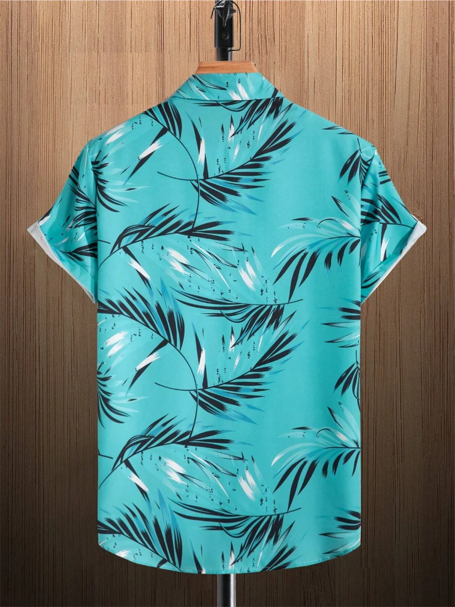 New Fashion Men's Leaf Print Short Sleeve Shirt Summer Beach Resort Style Polyester Tropical Hawaiian Shirt Men's 5XL
