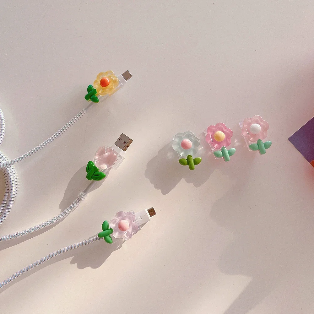 Ins Flowers Cable Protector USB Charger Data Line Wire Cord Case for IPhone Android Office Desk Organizer