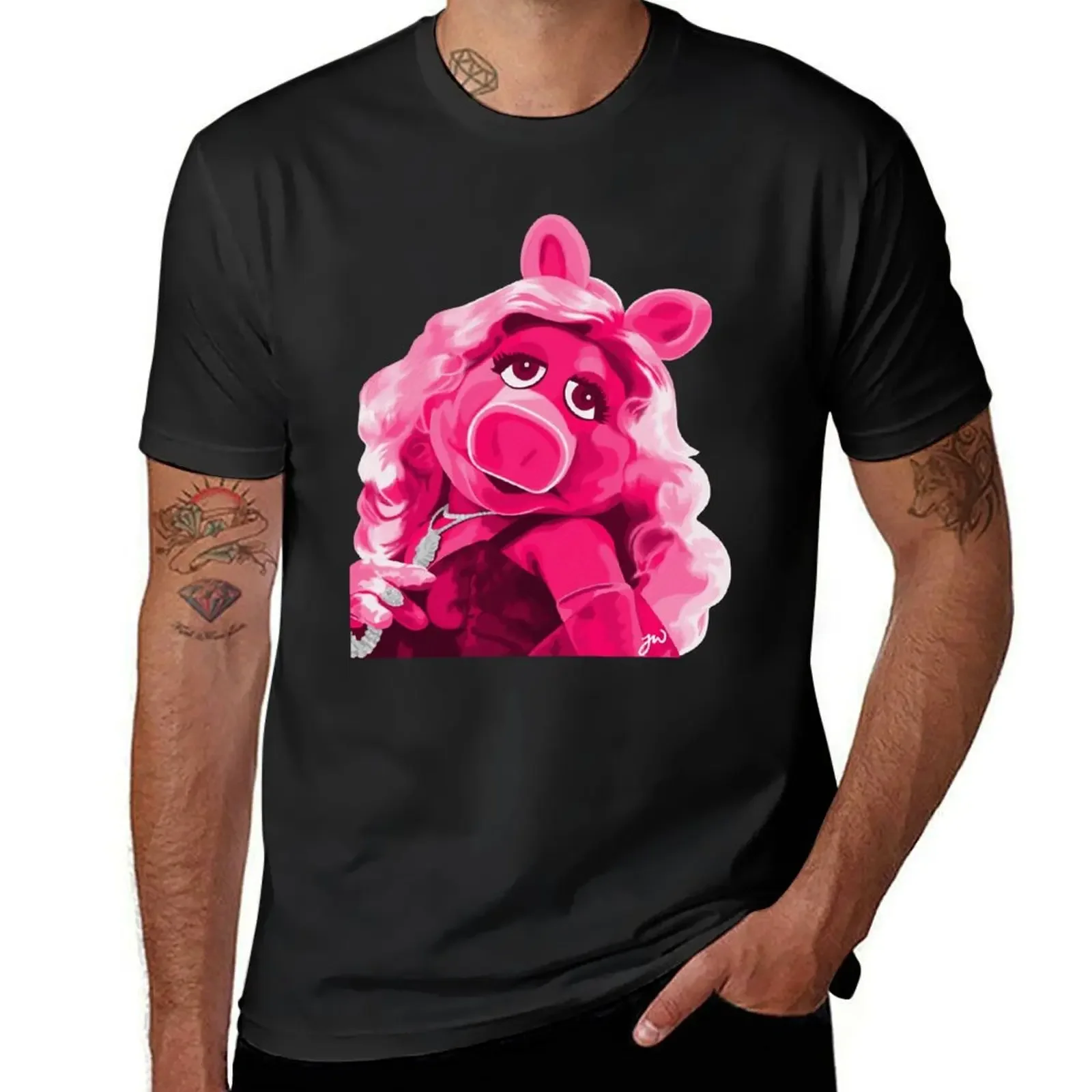 Miss Piggy Portrait Painting (Versione 2/2-Senza Sfondo) T-Shirt Cute Tops Workout Shirts For Men