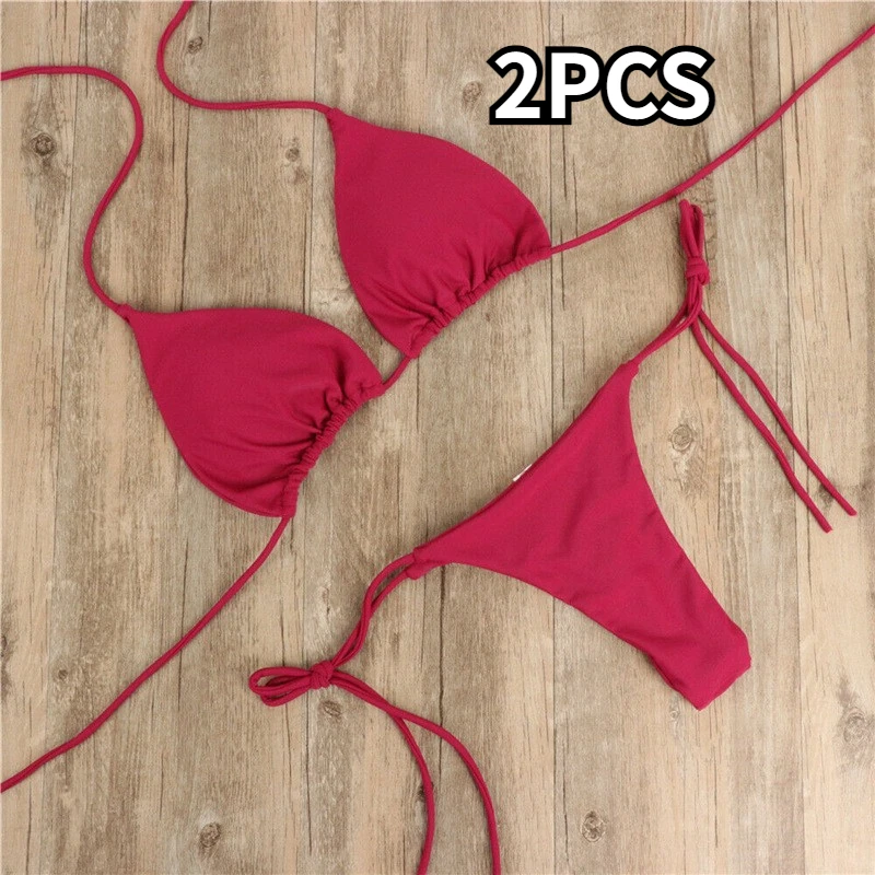 

2pcs Summer Women Bikini Swimsuit Sexy Halter Bra G String Briefs Swimwear Split Strap Adjustable Bikini Set Backless Beachwear