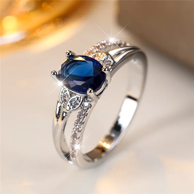Boho Female Blue Oval Zircon Stone Ring Cute Silver Color Summer Wedding Jewelry For Women