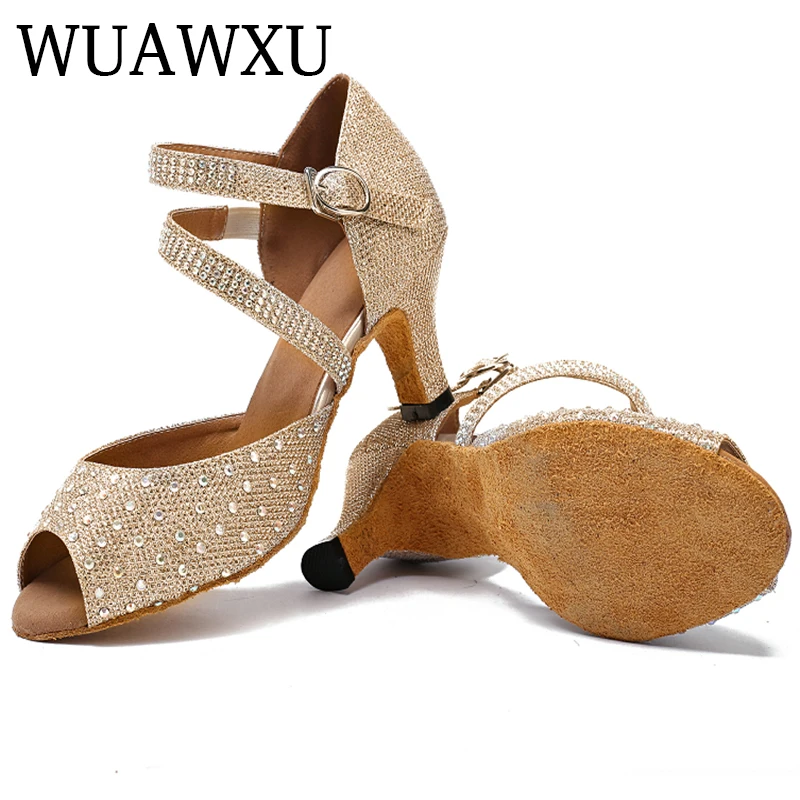 NATASHA2023 Latin Dance Shoes with Diamond Inserted Soft Sole Mid Heel High Heel Fashion Square Social Dance Shoes Sandals