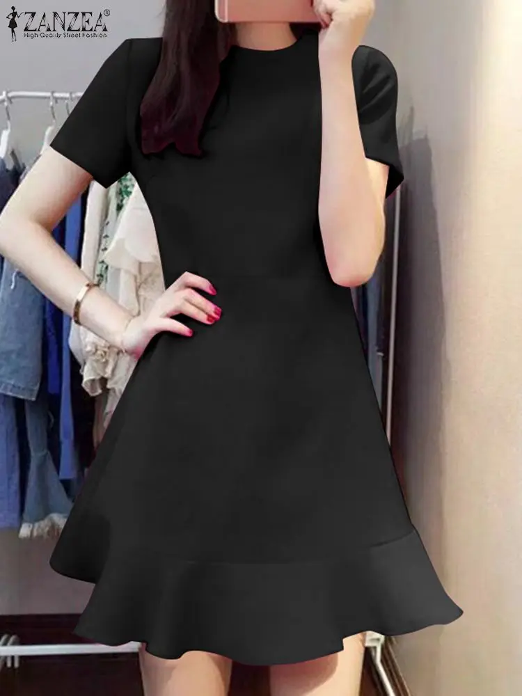 

2023 ZANZEA Summer Fashion Ruffles Hem Mini Dress Women Elegant Short Sleeve Party Sundress Casual Slim Fit Club OL Vestido
