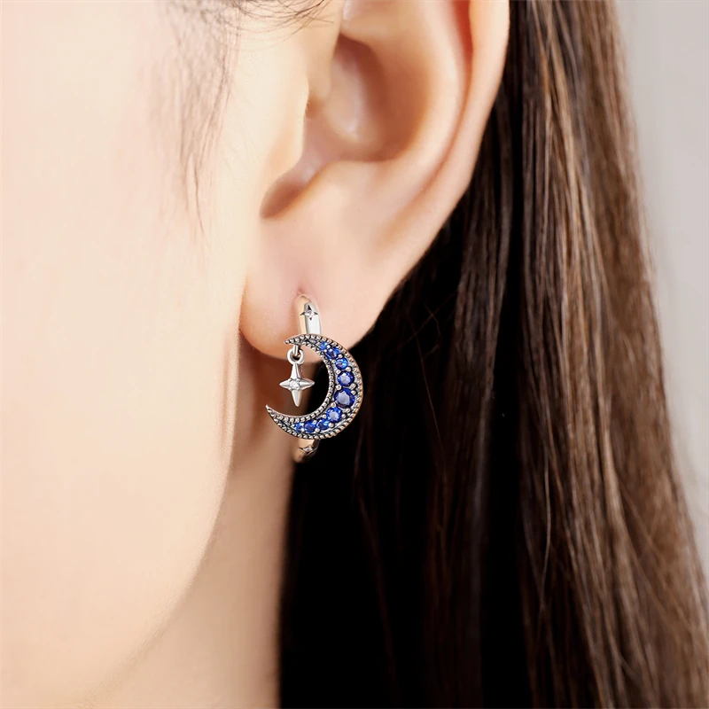 925 Sterling Silver Hoop Earrings Moon Star Earrings For Women Engagement Wedding Party Birthday Gift