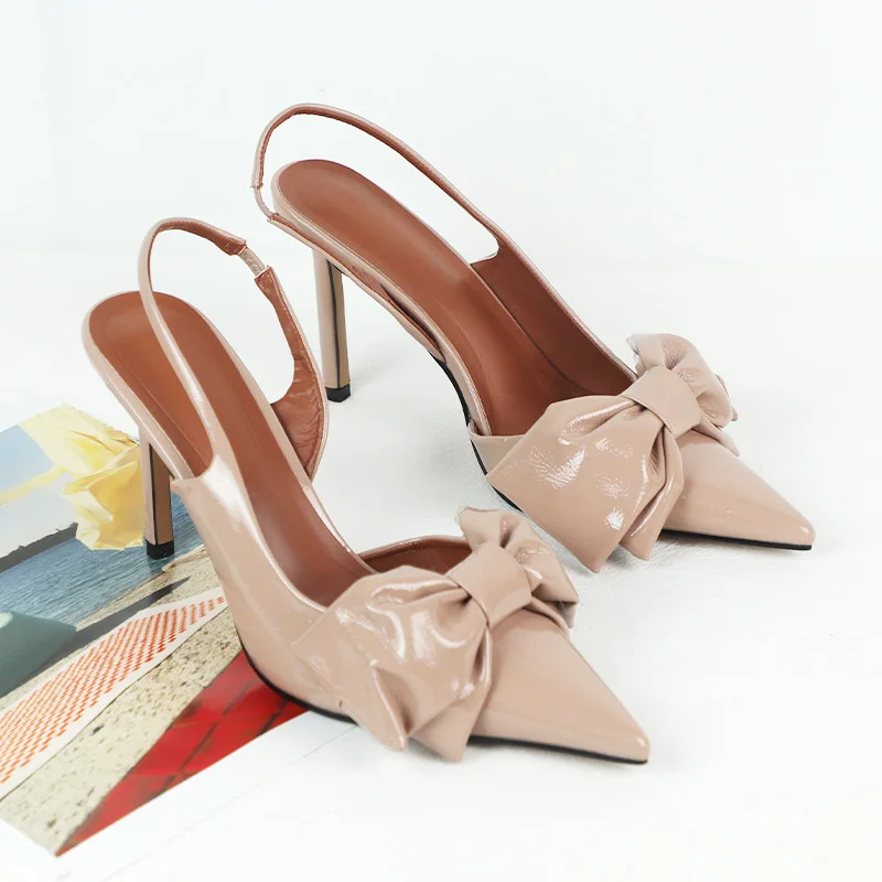 Women High Heels Bowknot High Heels Women Party Prom Shoes Patent Leather Stilettos Pointed Toe Summer Slingbacks Classic Design Ladies Sandals