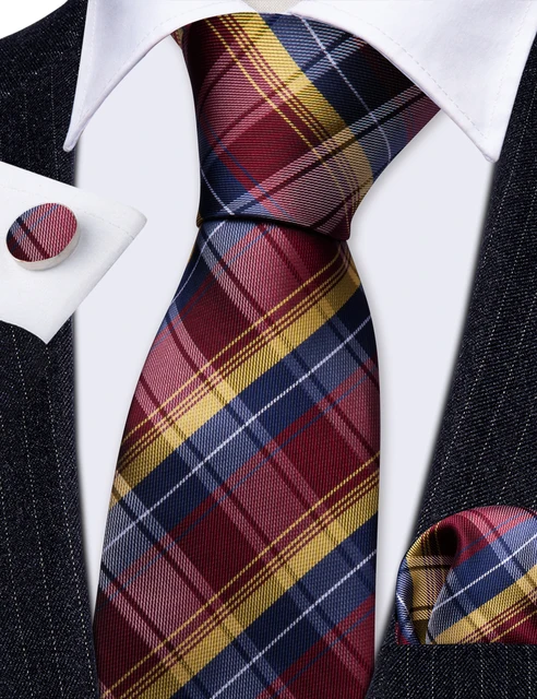 Men’s Luxury Tie Set - Plaid Silk Necktie With Pocket Square & Cufflinks