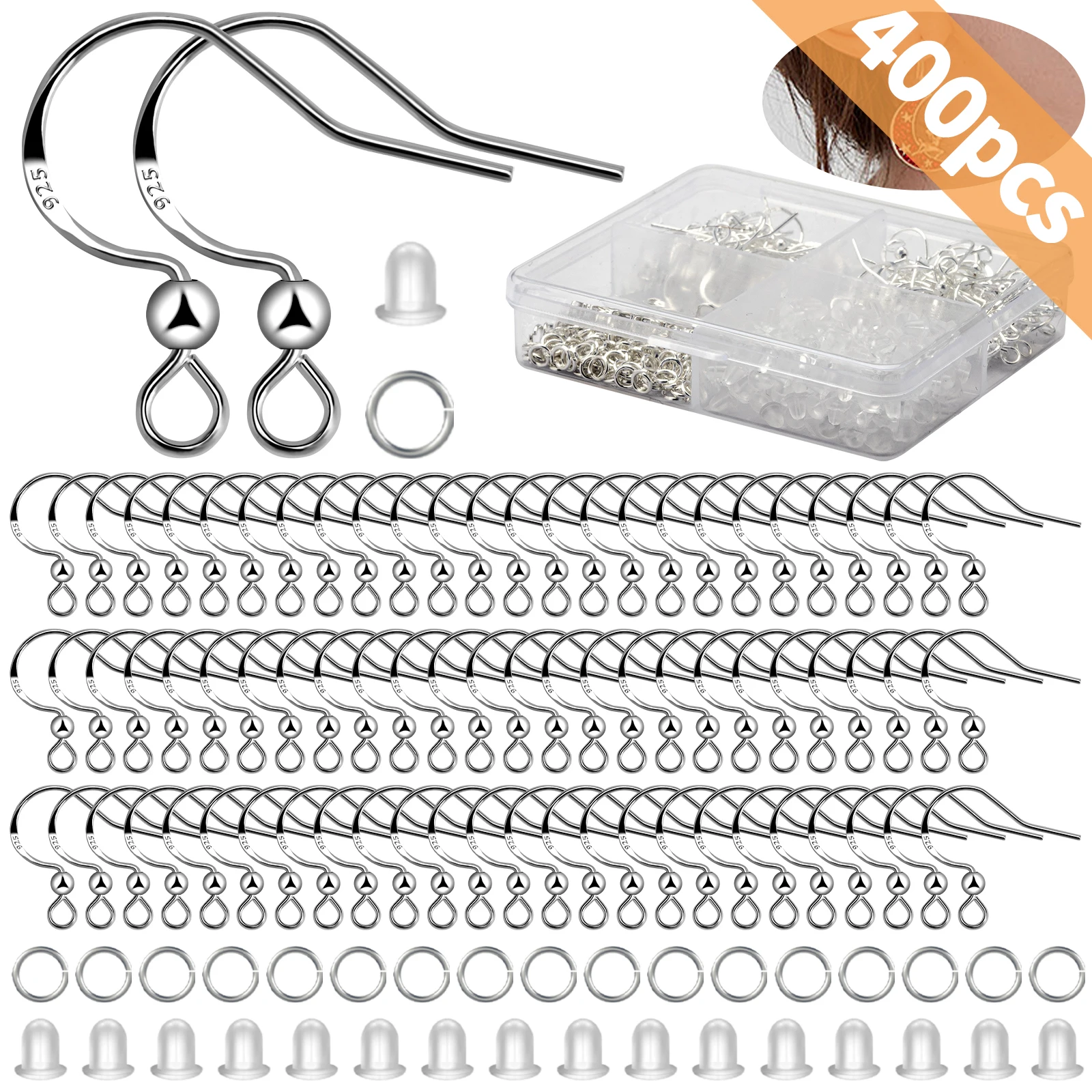 Professional 925 Sterling Silver Earring Findings Kit W/ Fish Hooks, Jump Rings, Ear Stoppers + Storage Box | DIY Jewelry Suppli