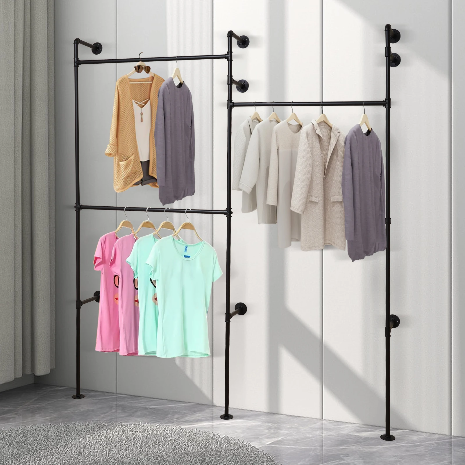 CNCEST Wall Mounted Commerial Industrial Pipe Clothing Rack Rod Garment Freestanding Shelf Pipeline Vintage Display Rack