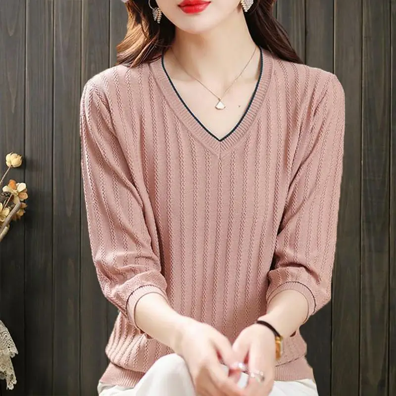 Koreon Fashion Women Knit T-shirt Spring Summer Basic Female Clothing Half Sleeve Solid V-neck Casual Bottoming Pullover Tops