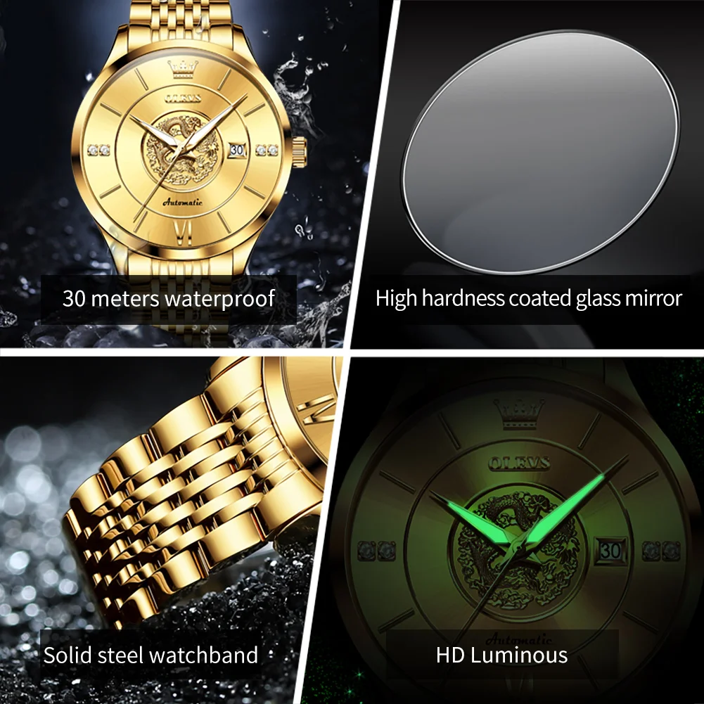 OLEVS 3D Chinese Dragon Luxury Brand Business Automatic Mechanical Watch for Men Waterpoof Men's Wristwatch Calendar Man Watch
