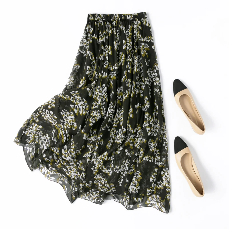 2024 Women's Summer New Moss Green Romantic and Flowing 100% Natural Mulberry Silk Elastic Waist Double Layered Beach Skirt